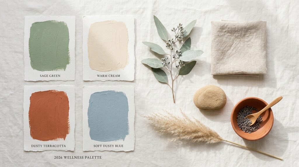 wellness room color palette 2026 sage green terracotta dusty blue calming colors