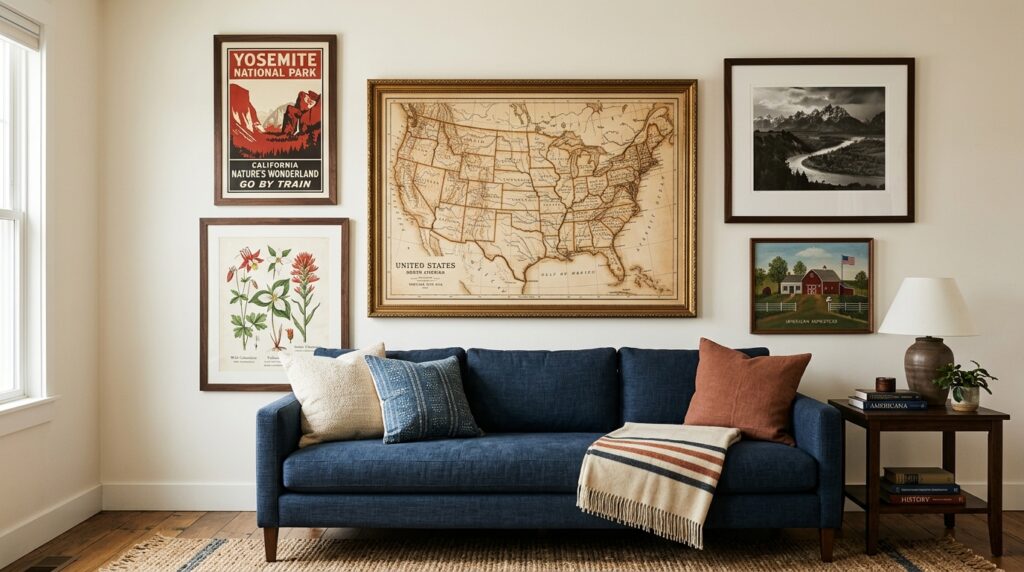 Americana living room gallery wall vintage map folk art patriotic prints navy sofa