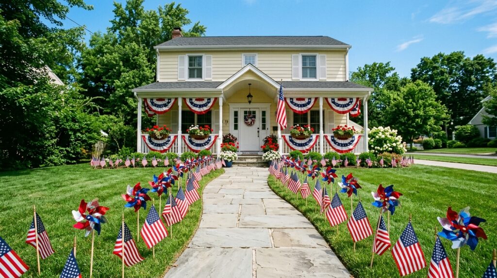 4th of July entryway decor with red white blue wreath