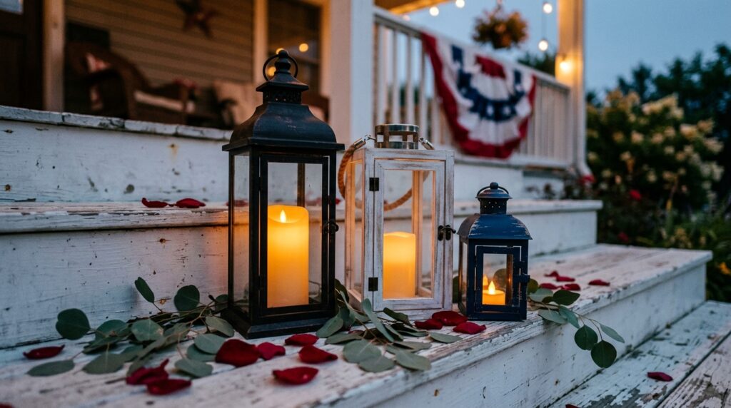 4th of July entryway decor with red white blue wreath