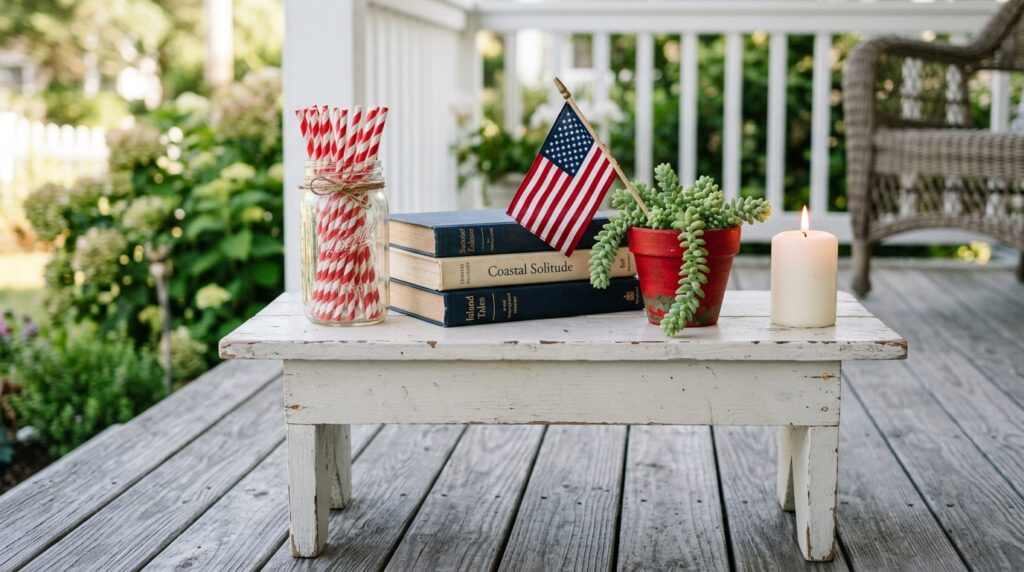 4th of July entryway decor with red white blue wreath