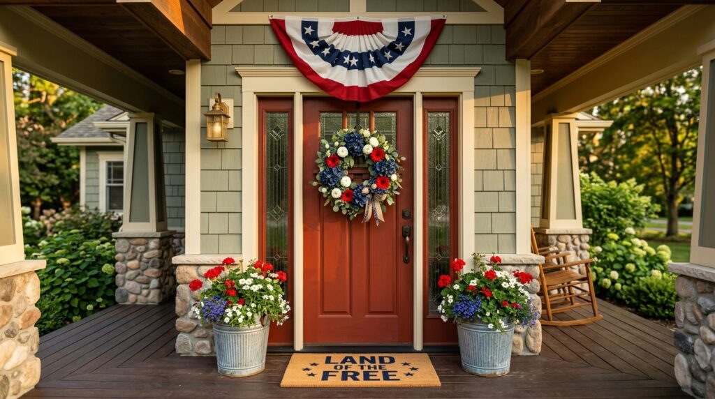 4th of July entryway decor with red white blue wreath