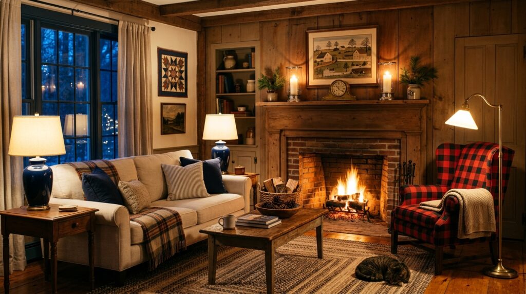 Americana living room lighting navy lamp fireplace hurricane lanterns warm welcoming