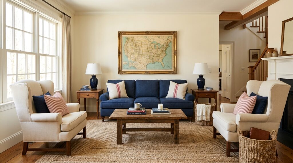 Americana living room layout classic arrangement navy sofa wingback chairs braided rug