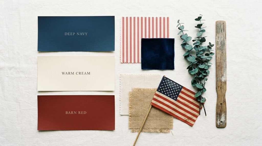 Americana living room color palette navy blue barn red cream ticking stripe fabric