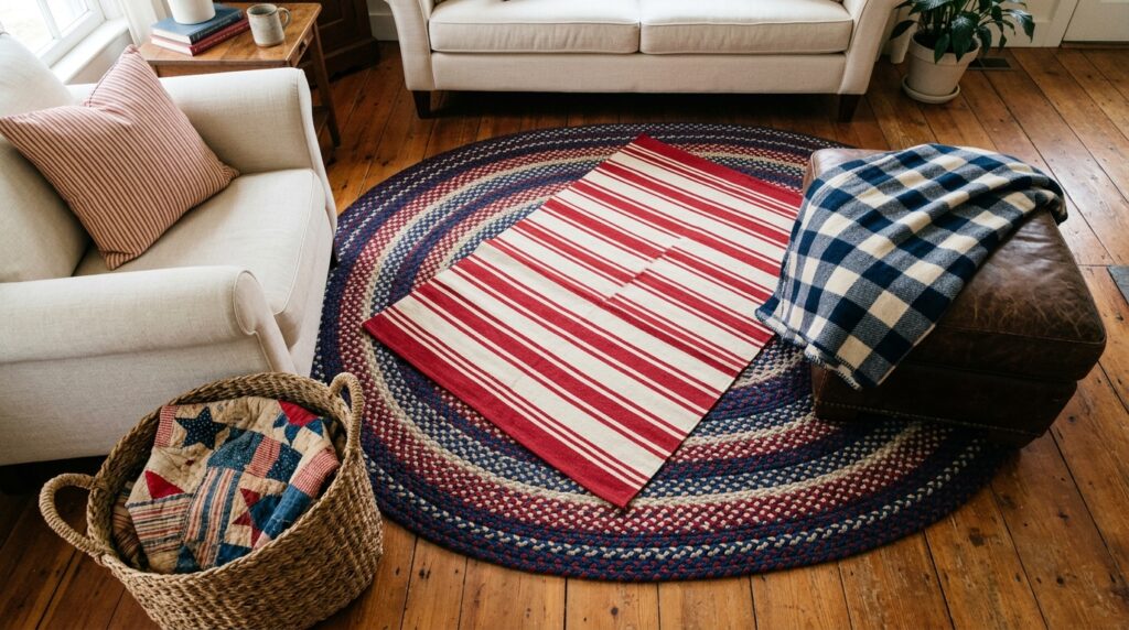 Americana living room textiles braided rug buffalo check ticking stripe quilt layered