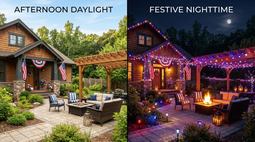 4th of July outdoor lighting before and after backyard transformation