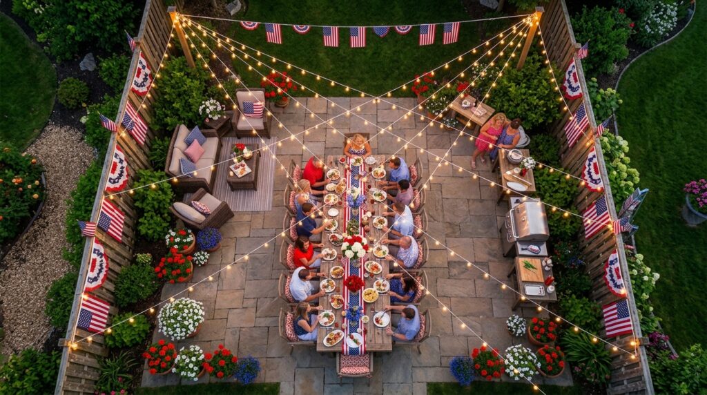4th of July string light canopy overhead backyard patio party decor