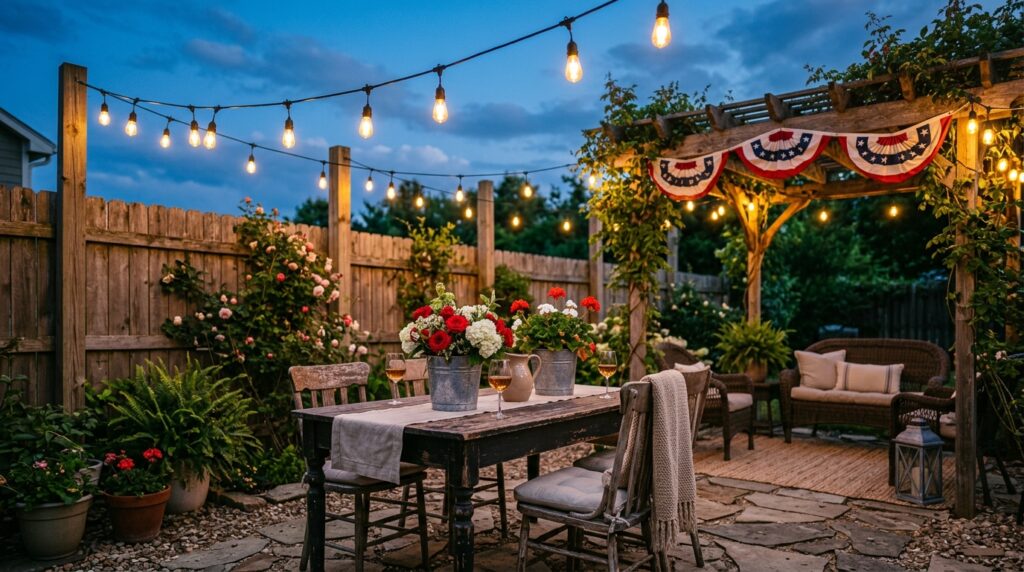 Edison bulb string lights backyard 4th of July vintage Americana porch