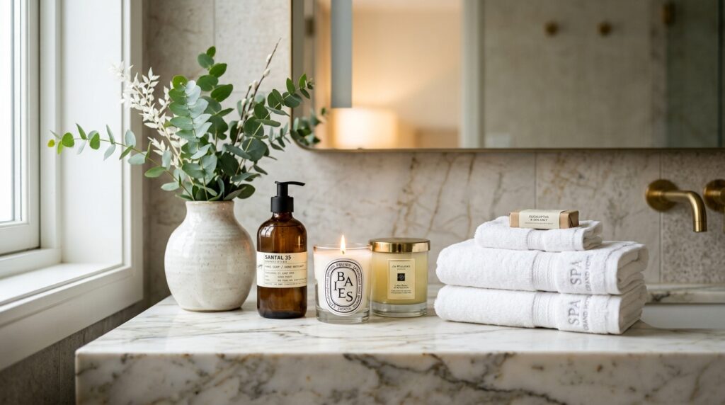 Luxury bathroom accessories on marble countertop