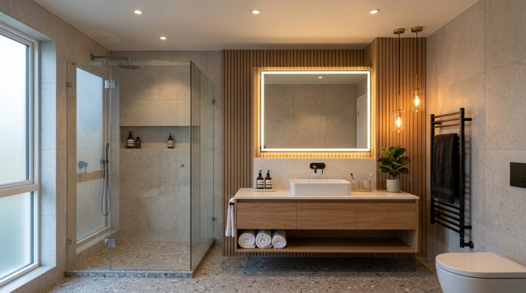 Modern walk in shower with frameless glass