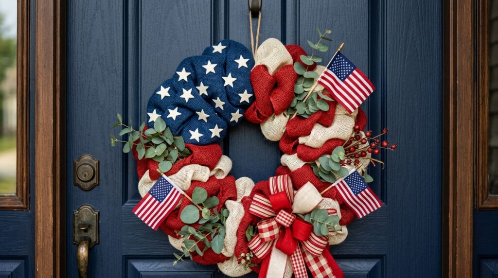 4th of July entryway decor with red white blue wreath