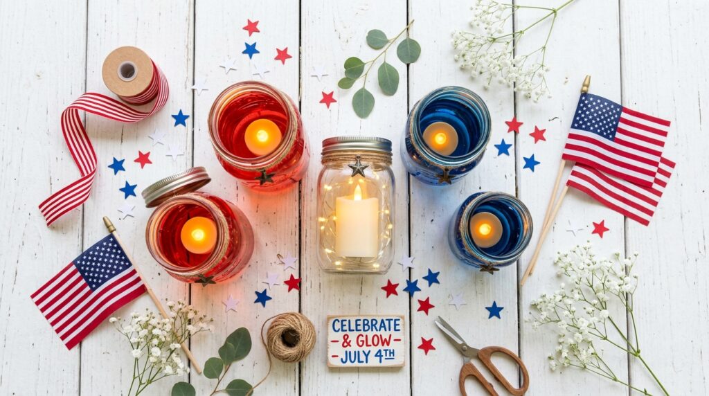 DIY mason jar lanterns 4th of July red white blue patriotic craft