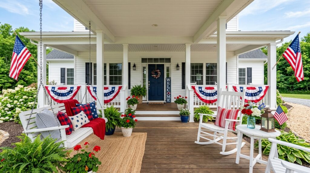 4th of July entryway decor with red white blue wreath