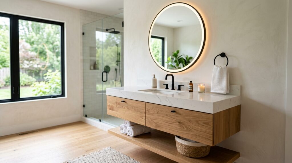 Floating oak bathroom vanity in a modern bathroom