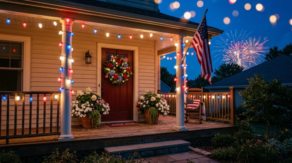 4th of July entryway decor with red white blue wreath