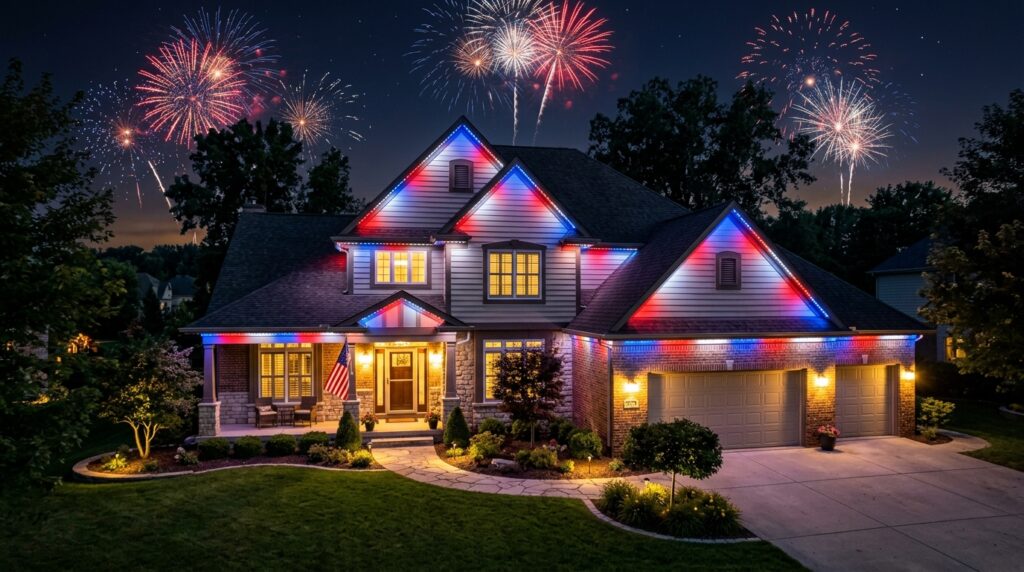 smart outdoor lights red white blue 4th of July home roofline night