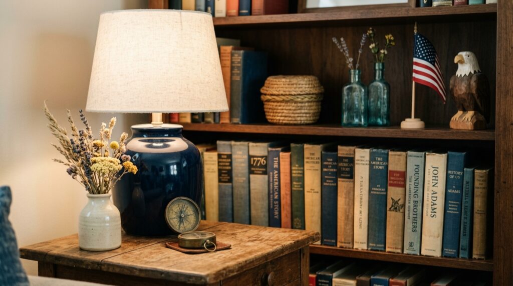 Americana living room accessories vintage map ceramic lamp folk art bookshelf styling