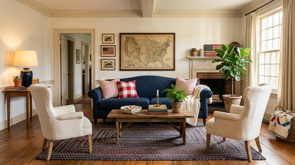 Americana living room decor navy blue sofa vintage map folk art sophisticated patriotic home