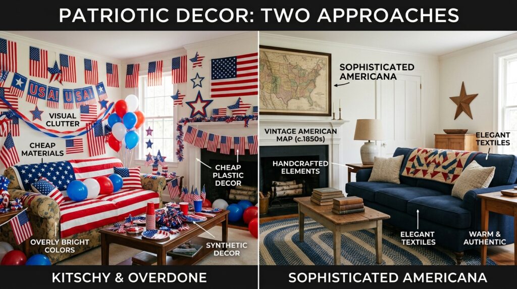 Americana decor sophisticated vs kitschy patriotic living room comparison
