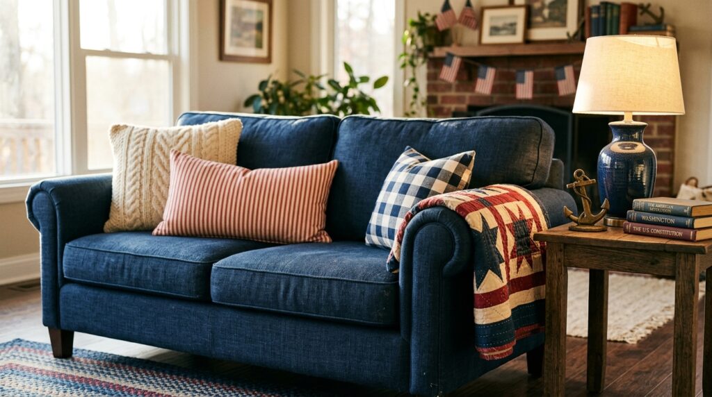 Americana living room navy blue linen sofa ticking stripe pillows patriotic decor
