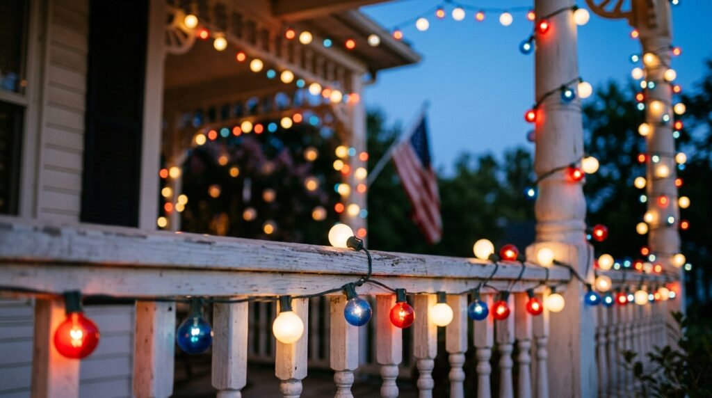 red white and blue string lights porch railing 4th of July decor