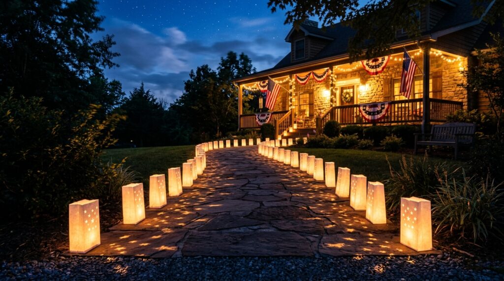 4th of July luminary walkway star paper bag lights pathway night