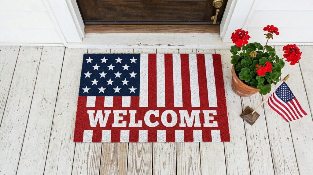 4th of July entryway decor with red white blue wreath
