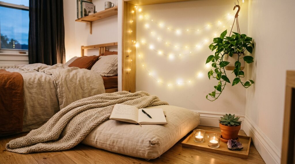 budget wellness room corner ideas floor cushion fairy lights cozy meditation space