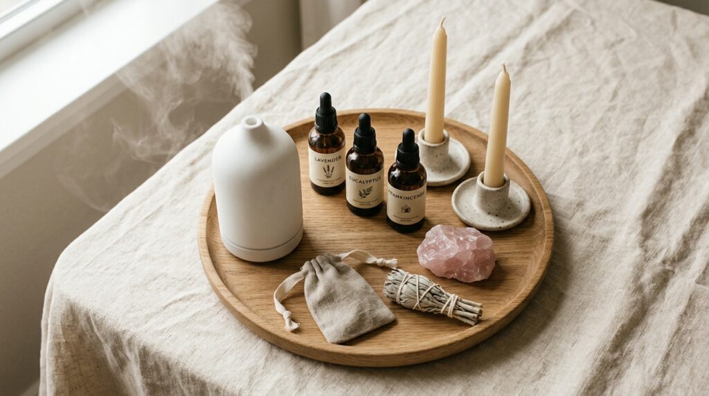 wellness room aromatherapy essential oil diffuser candles crystals altar table setup