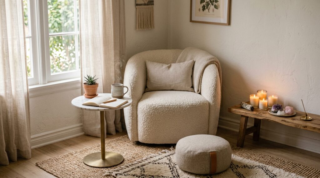 wellness room furniture layout boucle chair meditation cushion altar table calming corner
