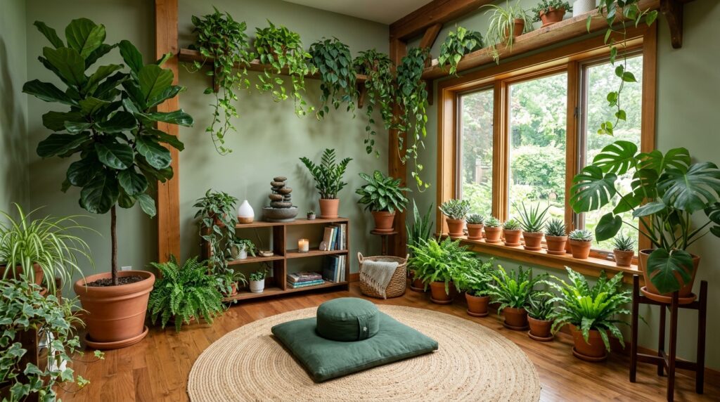 biophilic design wellness room indoor plants fiddle leaf fig meditation space 2026