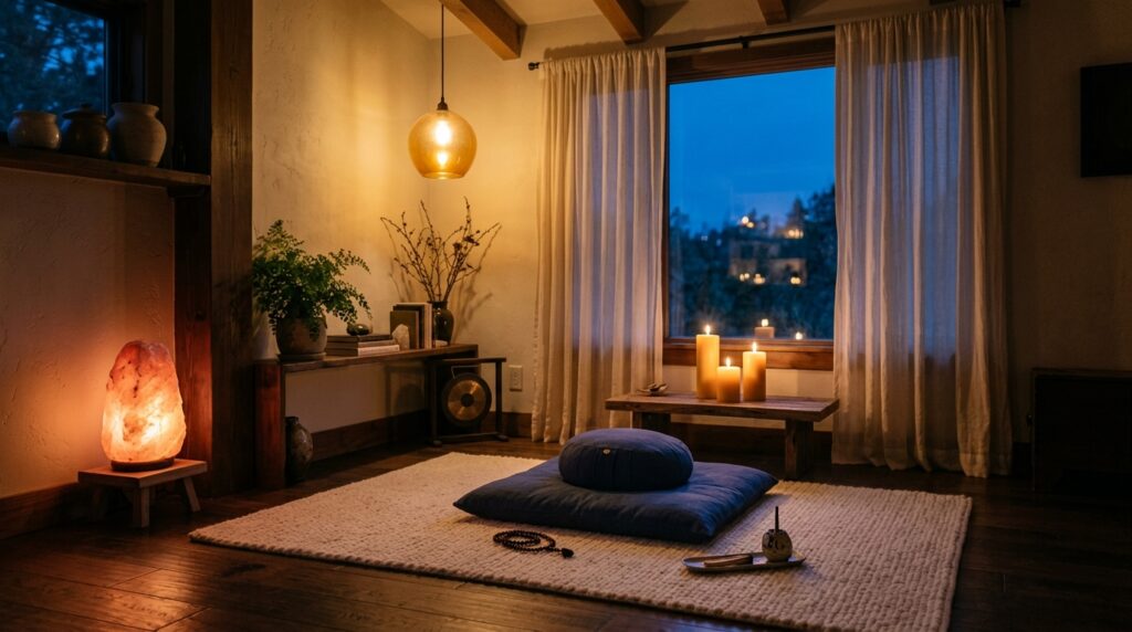wellness room lighting ideas candles salt lamp warm ambient light calming atmosphere