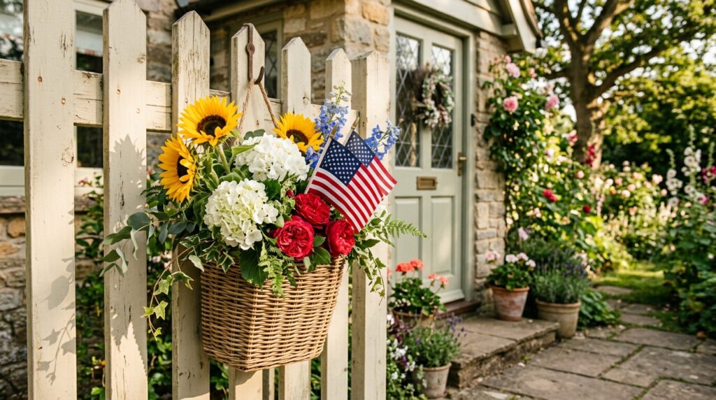 4th of July entryway decor with red white blue wreath