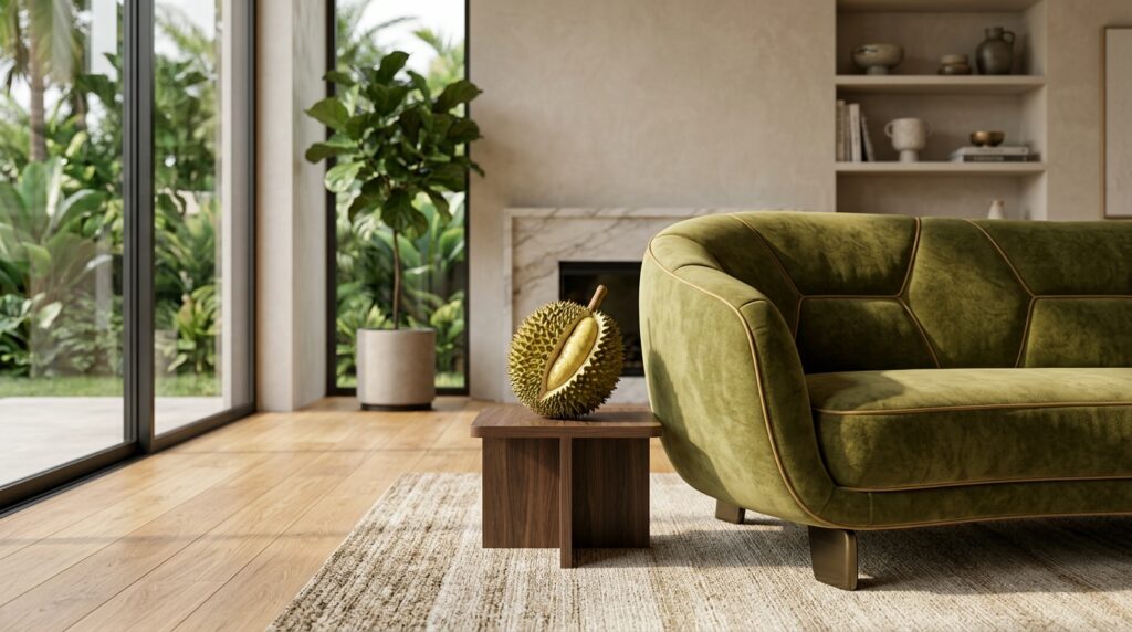 Premium Durian Sofa illuminated by warm sunset light in a luxury contemporary interior.
