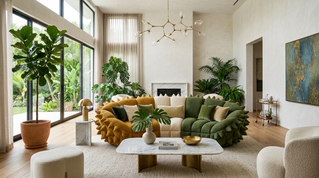 Creative AI furniture collection inspired by the durian fruit including sofa and chairs.