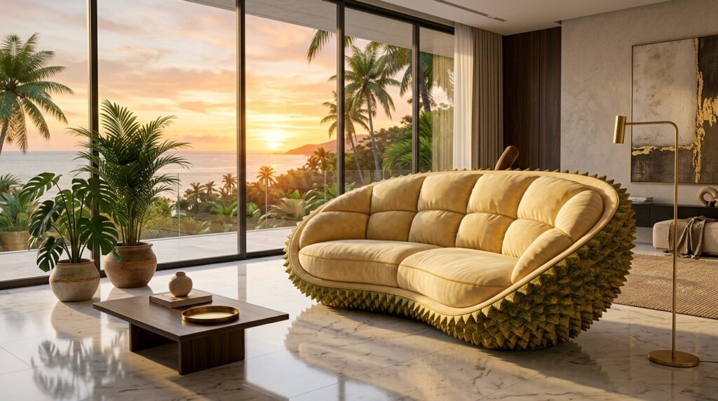 Luxury showroom displaying innovative AI-generated Durian furniture designs.