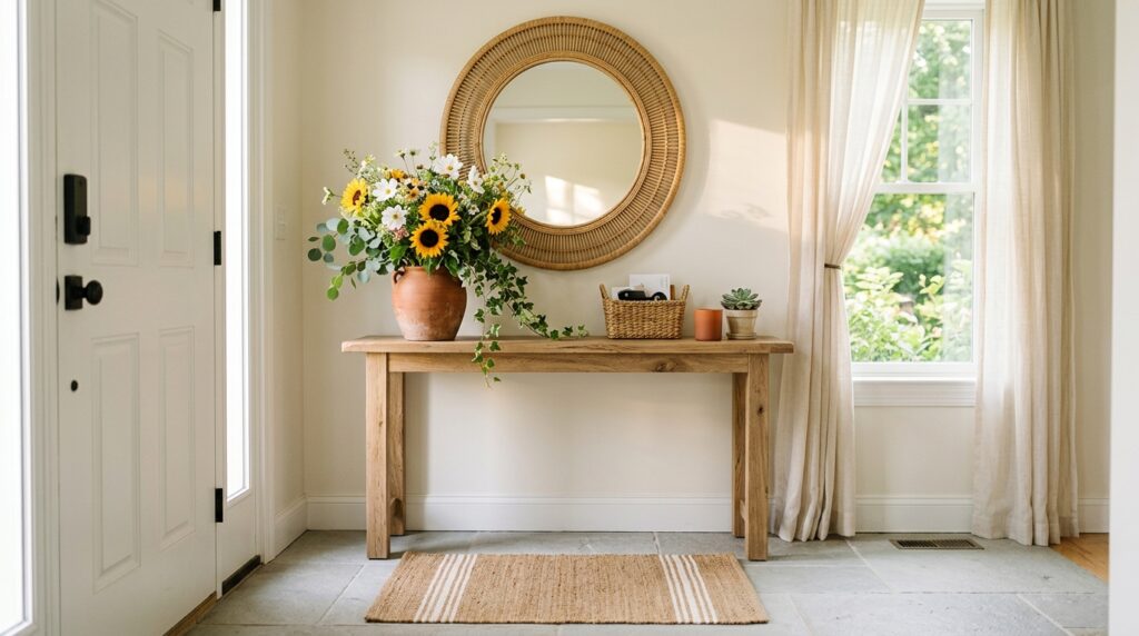 summer entryway decor 2026 terracotta flowers rattan mirror natural doormat console table