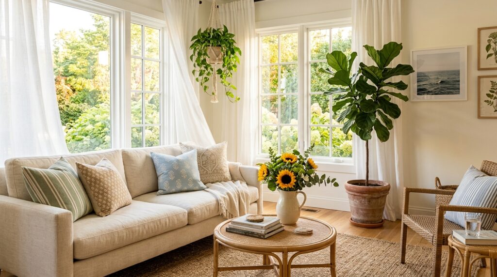 summer entryway decor 2026 terracotta flowers rattan mirror natural doormat console table