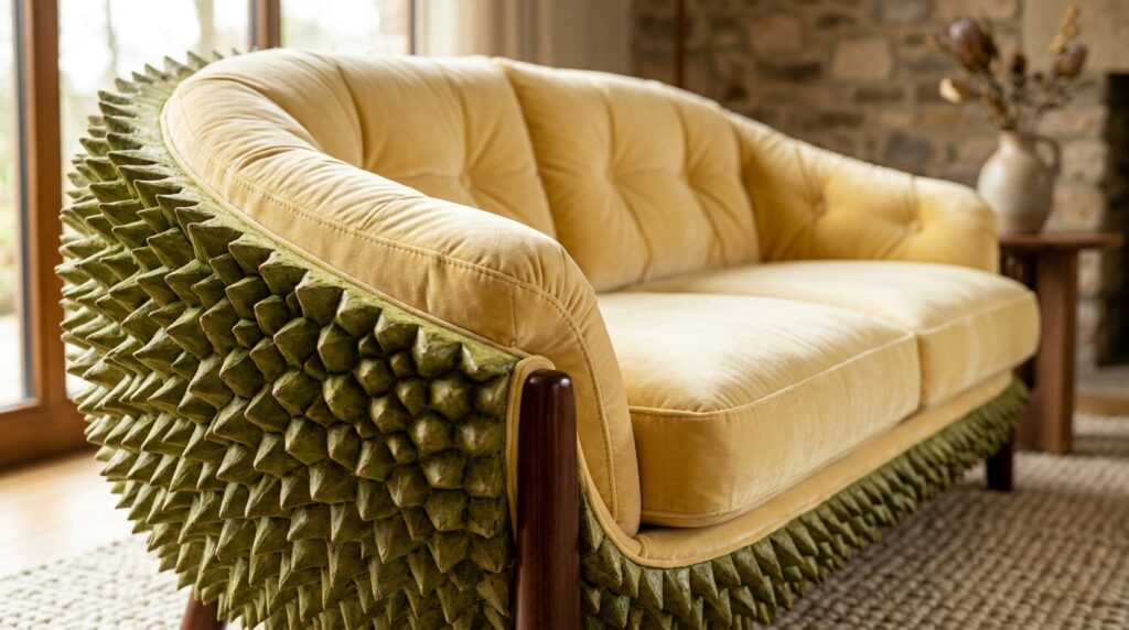 Luxury Durian Sofa in a modern minimalist living room created with AI.