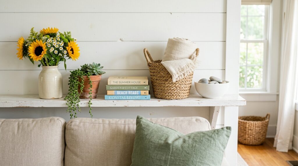 summer entryway decor 2026 terracotta flowers rattan mirror natural doormat console table