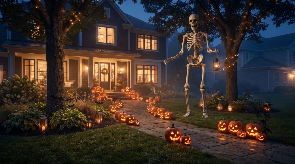Halloween outdoor decor with giant skeleton