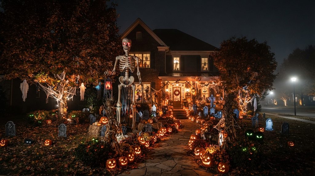 Halloween outdoor decor with giant skeleton